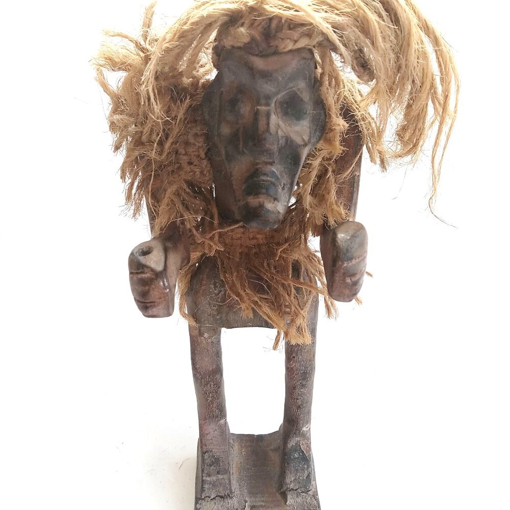 VTG Hand Carved Primitive Tribal Figurines Wood Folk Art Tall Standing Man 8.75"